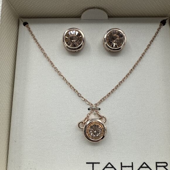 Tahari Necklace Earrings Set Champagne CZ Rose Gold Tone Bezel 18" Chain NIB - Picture 2 of 8